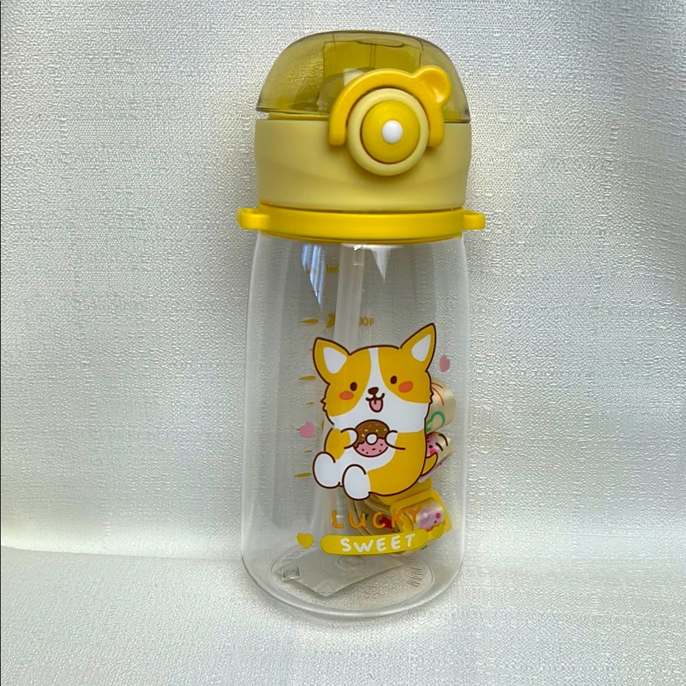 Kawaii Flip Top Corgi Design Water Bottle & Strap NEW! Lucky Sweet Corgi Donut
